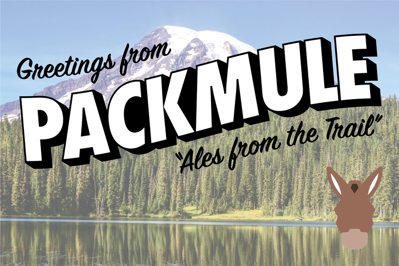 Postcard-style image with mountain, forest, lake, and a cartoon mule, with text 'Greetings from Packmule' and 'Ales from the.