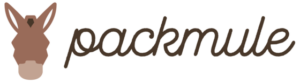 Close-up of the packmule logo featuring a donkey head and stylized text for branding and website recognition.