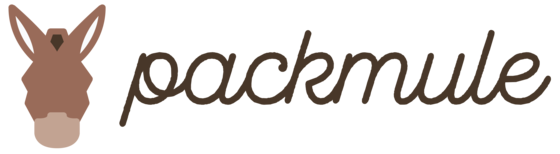 Close-up of the packmule logo featuring a donkey head and stylized text for branding and website recognition.